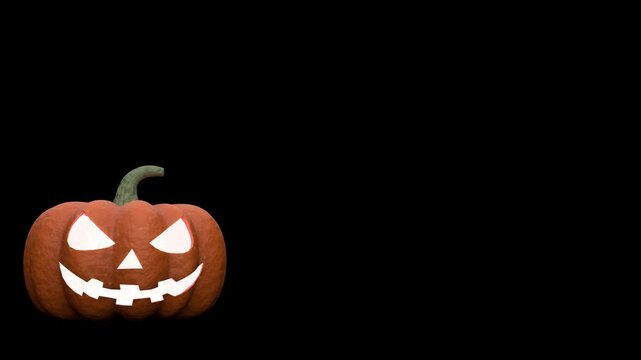 Halloween jumping glowing jack-o'-lantern pumpkin with the text Happy Halloween. Transparent background 3D animation seamless loop