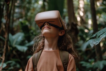 In a lush forest setting, a young child is using a virtual reality headset, seemingly immersed in a digital experience while enjoying the great outdoors.