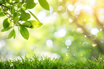 Obraz premium Green leaves and grass with bokeh sunlight in the background. Springtime nature and freshness concept.