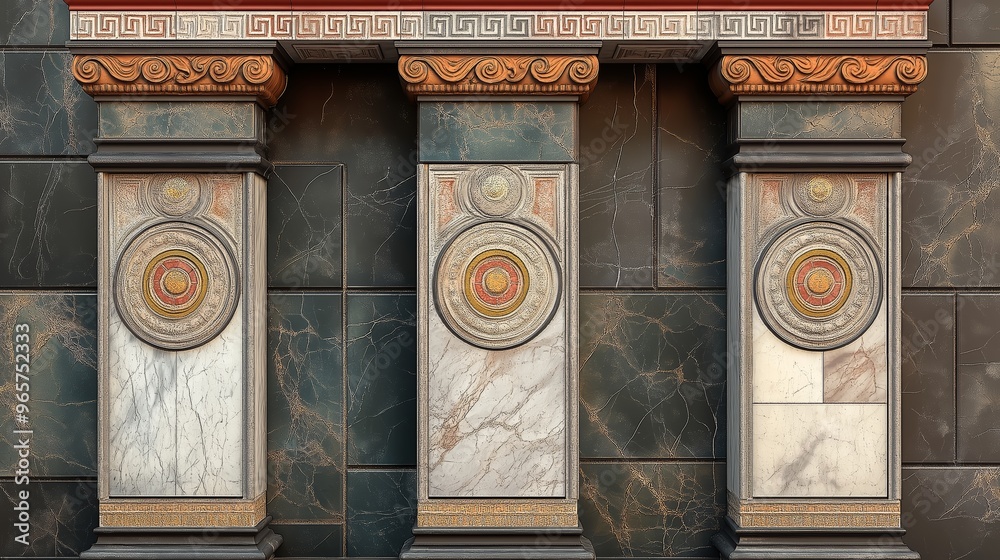 Wall mural Three ornate marble pillars with decorative details against a green tiled wall.