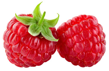 Raspberry isolated png. Two raspberries on transparent background. PNG format. Red raspberry with...