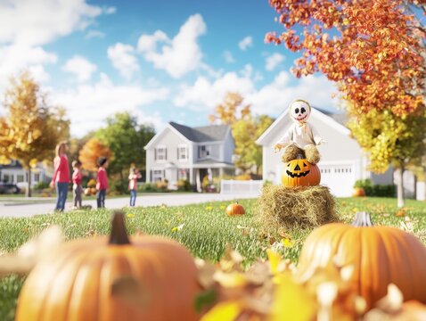 A family creating a pumpkin scarecrow in their backyard hay and pumpkins stacked