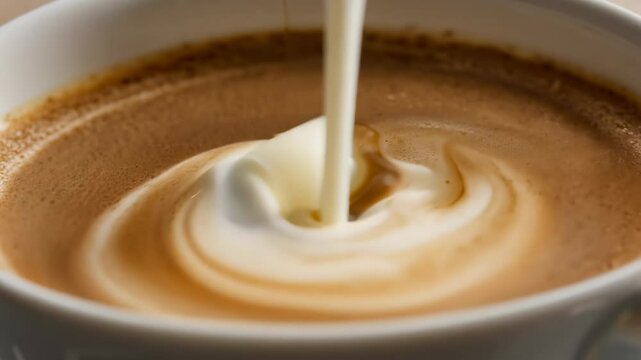 Close-up of latte art with milk pouring into creamy swirls in a cup of coffee