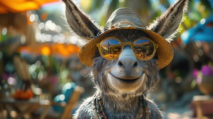Obraz premium Merry Donkey in Sunglasses and Hat Strolling Along Seaside with Palm Trees