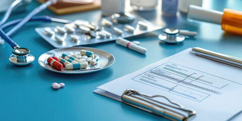 Medical desk with an electrocardiogram, a stethoscope, blister packs of pills and a prescription pad showing a doctor is examining a patient's health