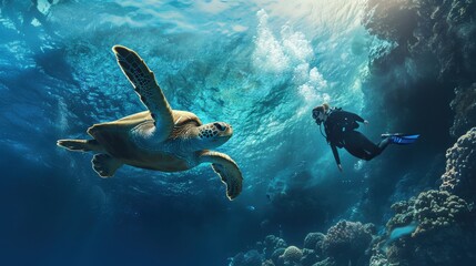 Fototapeta premium A large sea turtle and a diver in deep sea