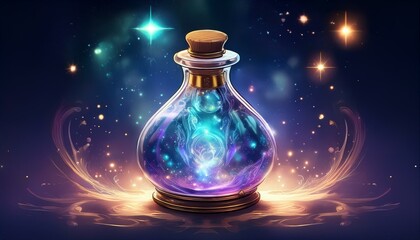 A magical potion in a bottle with a cork. The potion is glowing and there are sparkles around it. The background is dark and there are stars in the sky.