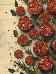 Sliced Salami Banner Copy Space, Cold Cuts Meat Sausages, Bold Vibrant Red and White Illustration Design