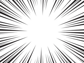 Abstract manga background. Comic explosion, motion speed vector radial line action effect. Anime comic book abstract frame with black pattern of superhero action lines