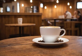 White Coffee Cup on Rustic Wooden Table in Modern Café