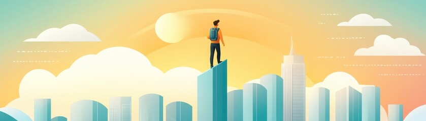 A person standing on top of a skyscraper at sunset, overlooking a cityscape. Concept of success, achievement, and ambition in a modern urban setting.