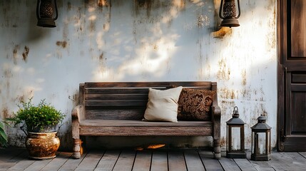 Vintage-Inspired Rustic Terrace with Cozy Wooden Bench and Antique Lanterns