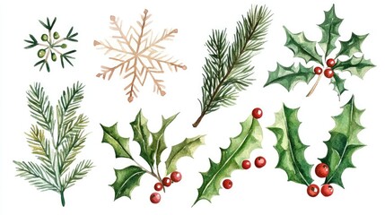Snowflakes and holly leaves, Christmas theme, watercolor style, isolated on white background