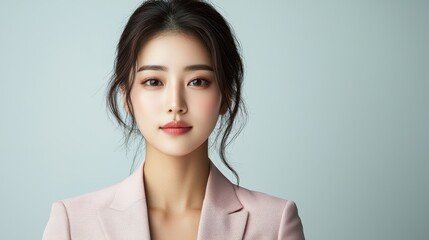 Confident Korean Business Woman in Pink Suit Posing Professionally