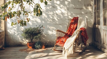 Vintage-Style Terrace with Cozy Rocking Chair and Blankets for Relaxation