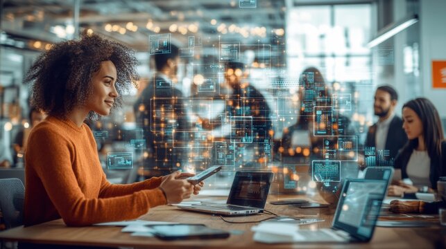 Young manager woman using smartphone with digital data visualizations holograms transforming modern office