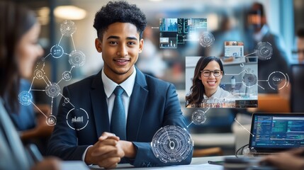 Businessman smiling during video conference with futuristic technology