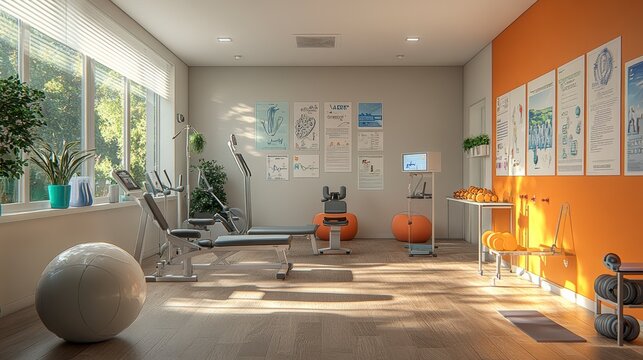 Modern physical therapy room with exercise equipment and sunlight