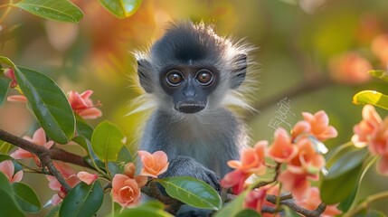 Obraz premium Dusky Langur Leaf Monkey Sitting on a Tree Branch in the Wild
