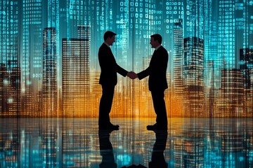 Business people shaking hands with digital data concept