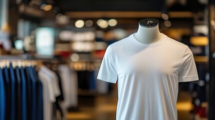 Fototapeta premium Mannequin displaying a simple white t-shirt in a modern retail store