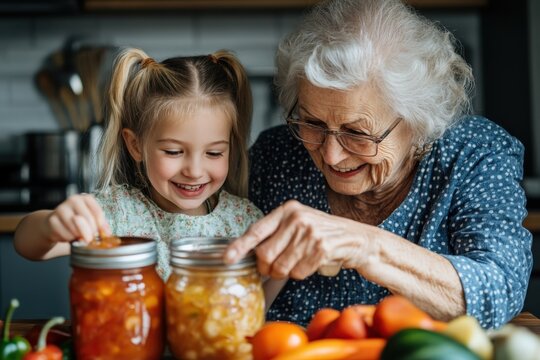 A joyful scene of a grandmother and her granddaughter happily working together in the kitchen, canning fruits and vegetables, highlights the bond and tradition shared between them.
