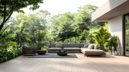 Sleek Modern Terrace with Wooden Deck and Comfortable Outdoor Sofas