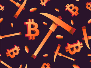 Seamless pattern with gradient bitcoin coins, pickaxe and bitcoin symbol. Pickaxe for mining. Coins with bitcoin symbol in 3D style. Design for banners, wallpapers and covers. Vector illustration