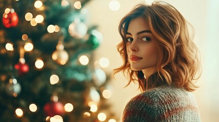 Naklejka premium Serene Woman in Cozy Sweater Admiring Warmly Lit Christmas Tree with Bokeh Lights