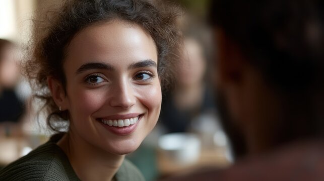 Radiant Woman Enjoying Conversation at Cafe