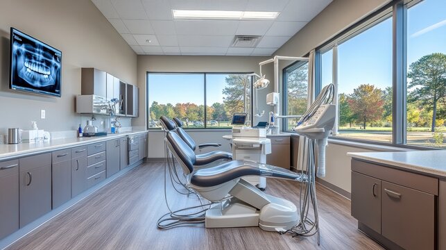 Modern dental office showing ergonomic chairs and digital x ray equipment