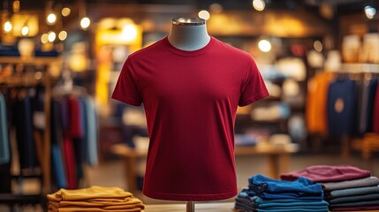 Obraz premium A classic red t-shirt for men on display in a trendy fashion store setting.