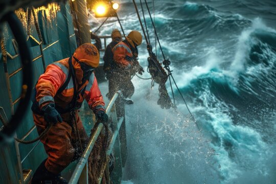 Fishermen on a boat battle rough seas, working together in dangerous conditions. Splashing water adds to the intense maritime adventure