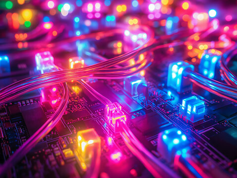 A colorful electronic board with many wires and lights