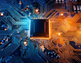 Circuit board with glowing orange and blue lights