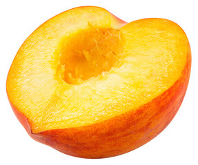 Peach half isolated png. Peach slice on transparent background. PNG format. Peach half no background. Full depth of field.