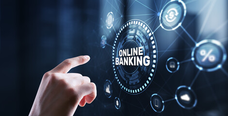 Banking Online Internet Payment Technology. Businessman presses a button Banking