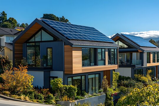 Modernes Haus mit Solarpanelen auf dem Dach