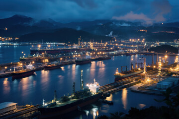 Fototapeta premium Industrial port illuminated at night with cargo ships docked and mountains in the background