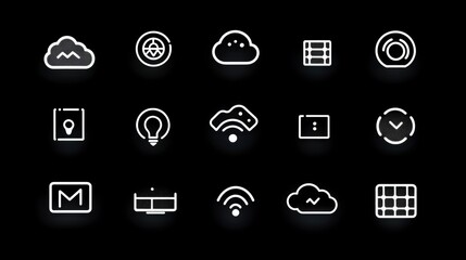 Set of modern minimalist line art icons on black background
