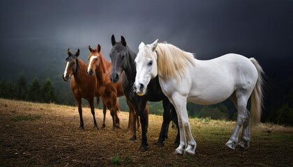 Obraz premium striking scene of a white horse standing prominently in the foreground, surrounded by a group of black horses. The background is shrouded in mist, creating a dramatic atmosphere.