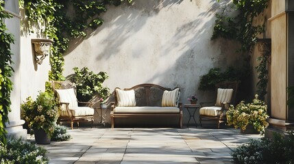 Elegant stone terrace featuring a classic design with vintage outdoor seating and generous copy space creating a serene and inviting atmosphere for outdoor living and leisure