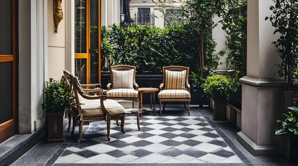 Fototapeta premium Elegant stone terrace with classic style vintage outdoor seating offering a peaceful and inviting ambiance with generous copy space for text overlay or graphic design