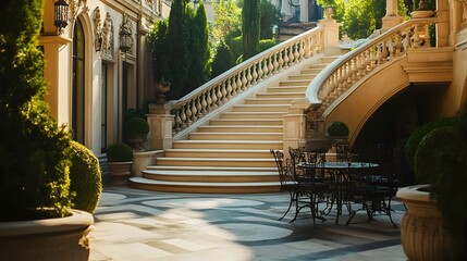 Fototapeta premium Elegant and Classic styled Terrace with a Grand Staircase Designed to Invite Visitors into a Beautifully Landscaped Outdoor Living Space