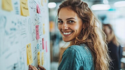 Young manager smiling at camera during brainstorming session