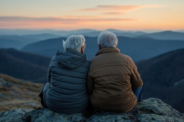 An elderly couple sits together, warmly dressed on a rock at a mountain top, enjoying a beautiful sunset and the expansive view of multiple mountain ranges in the background.
