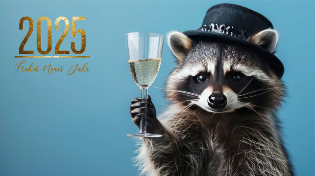 Frohes neues Jahr, Silvester, Neujahr, Gru&szlig;karte mit deutschem Text, goldene Jahreszahl 2025, Dachs Tier mit Champagne oder Weinglas und Party Hut auf blauen Hintergrund