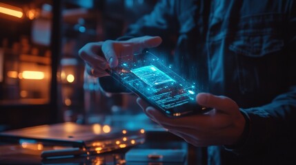 Businessman analyzing financial data on smartphone with holographic charts