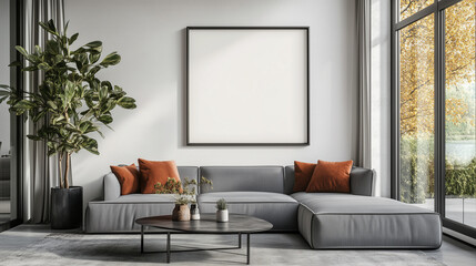 Contemporary Home with Frame Mockup on White Wall and Grey Sofa in Living Area
