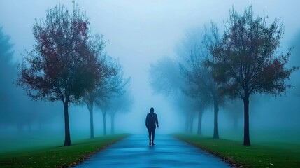 Fototapeta premium Solitary Figure Amidst Tranquil Park Landscape with Foggy Sky